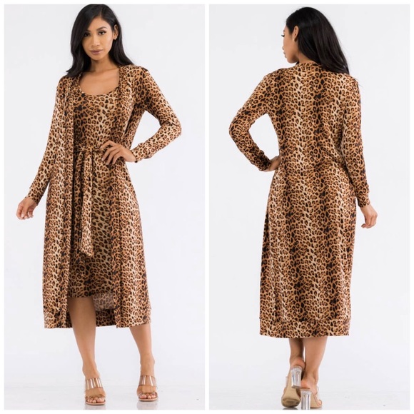 Two-Piece Dress and Cardigan Set, Sizes Small - 1XLarge (Leopard Print) - Picture 1 of 7